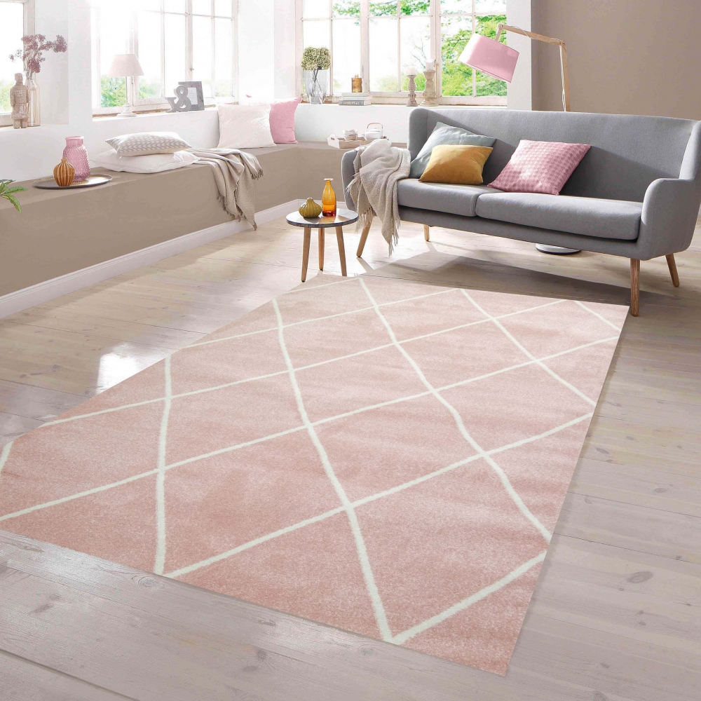 Teppich Skandinavischer Stil Wohnzimmer Rautenmuster - pflegeleicht - rosa creme weiß