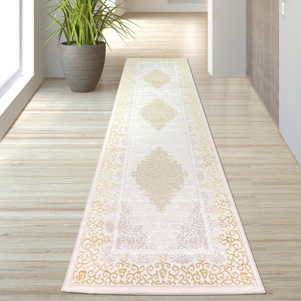 Designer Teppich mit Orientalischem Muster in weiß gold grau