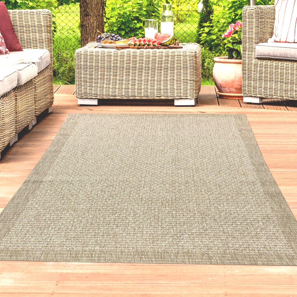 Outdoorteppich Terrassenteppich Gartenteppich robust und langlebig linierter Rand in Beige