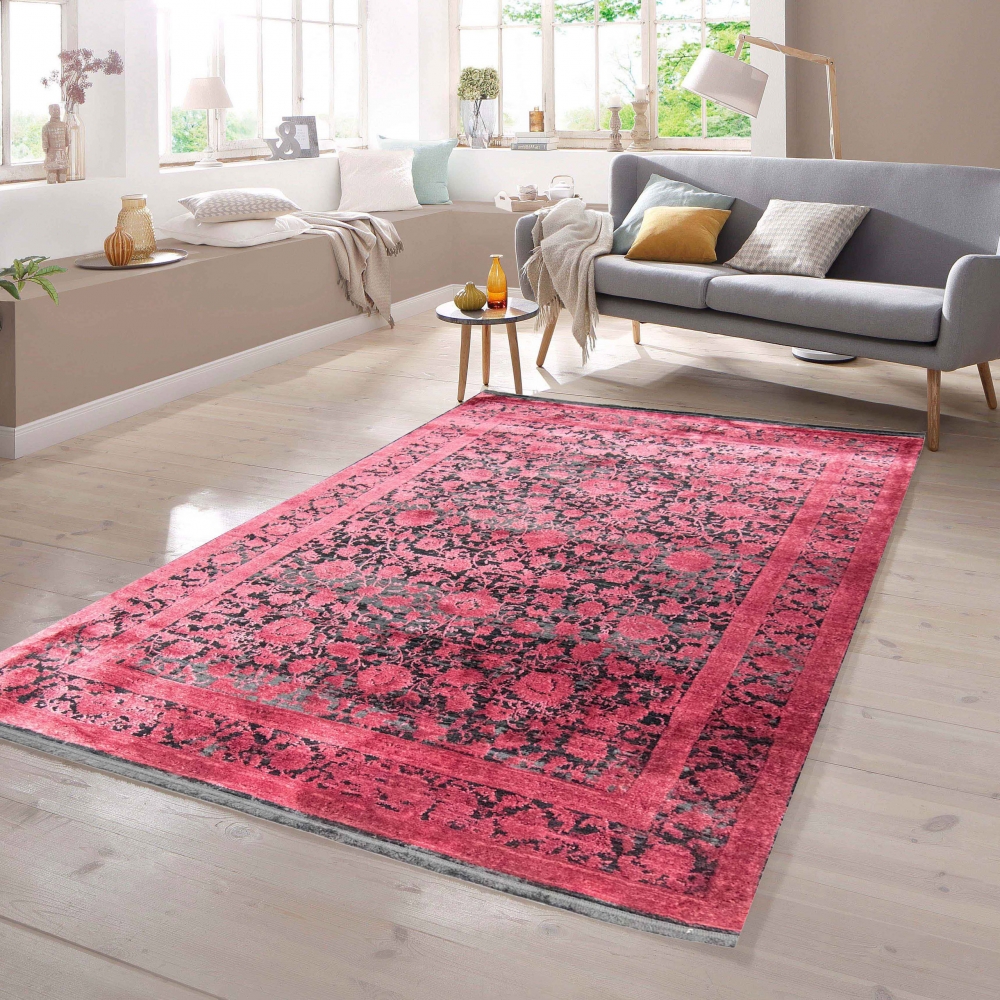 Moderner Teppich in orientalisches Blumendesign in Rot auf Schwarz