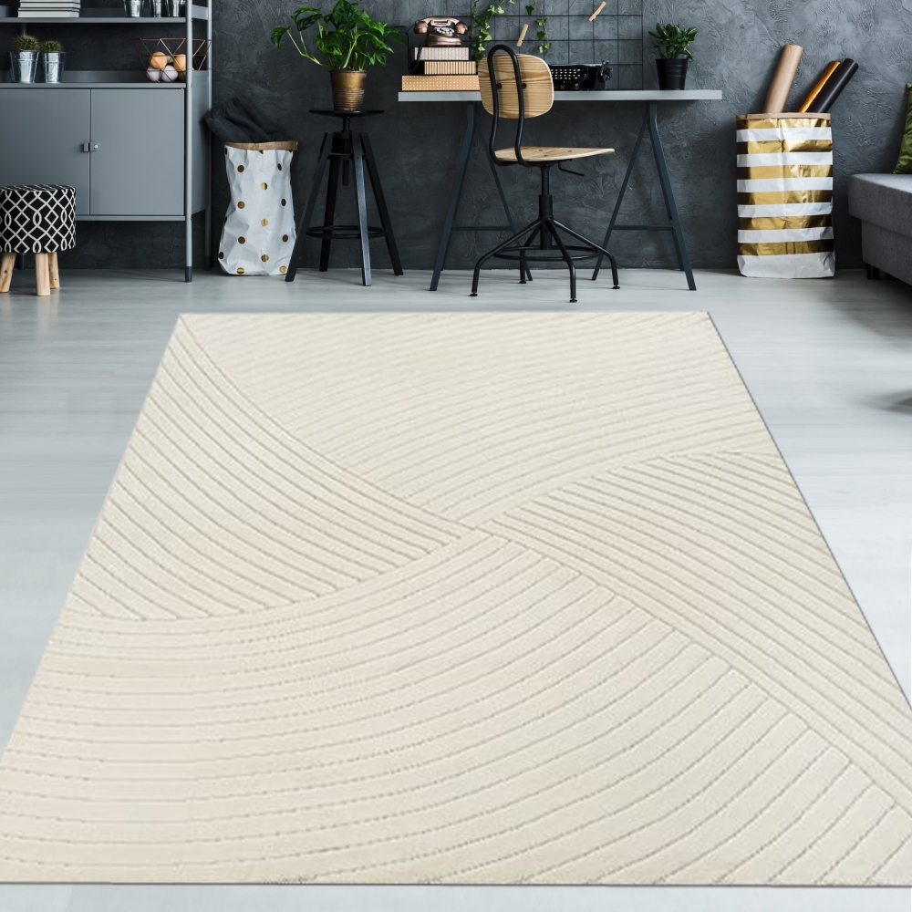 Heller Wohnzimmerteppich Niedrigflor mit speziellem Linienmuster in Creme