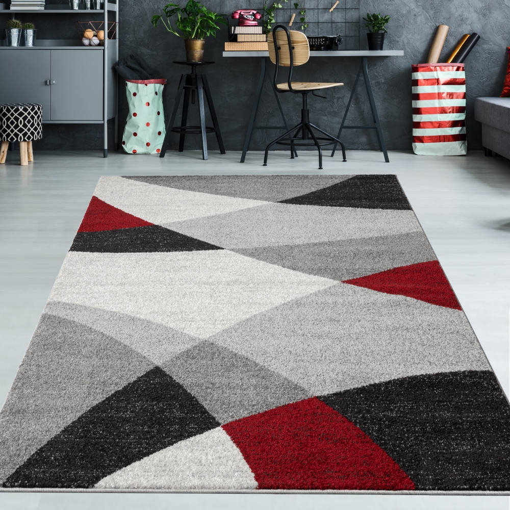 Moderner Teppich mit geometrischen Muster grau rot