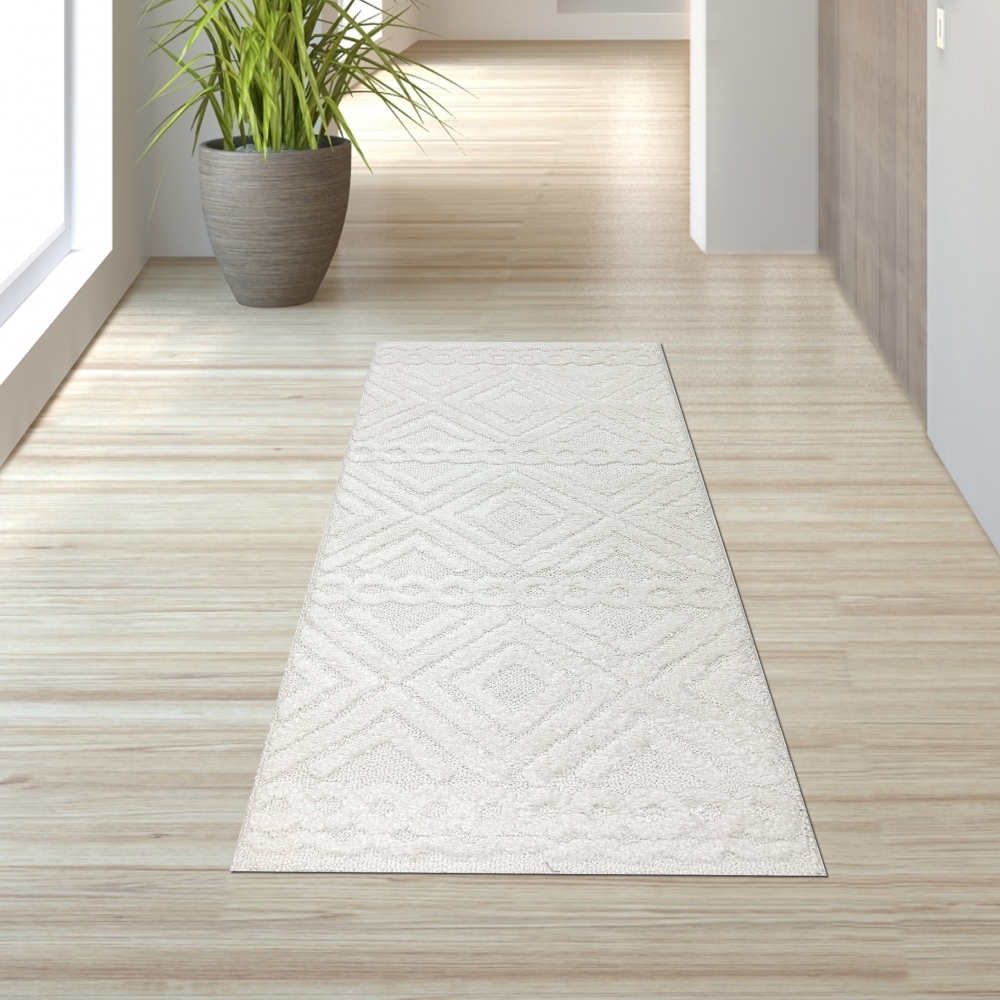 Boho Hochflor Wohnzimmerteppich mit Rautenmuster und Kreisen in Cremefarbe