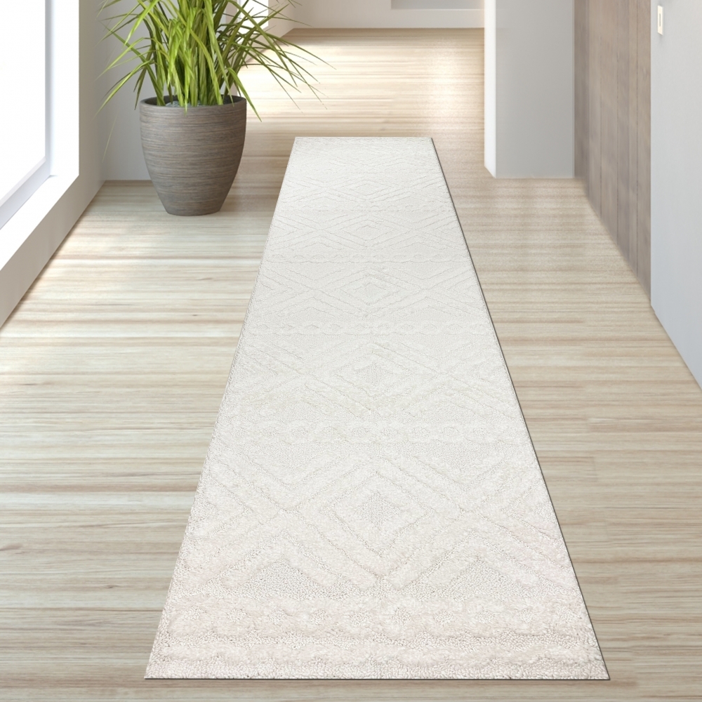 Boho Hochflor Wohnzimmerteppich mit Rautenmuster und Kreisen in Cremefarbe