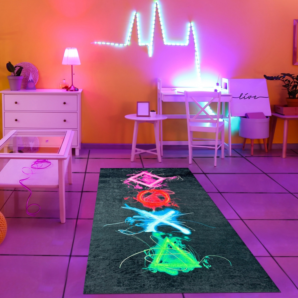 Gaming Teppich mit neonfarbigen Symbolen