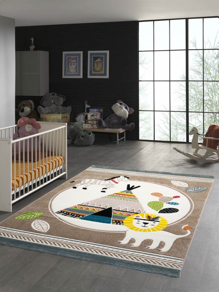 Kinderteppich Zelt Löwe Zebra beige