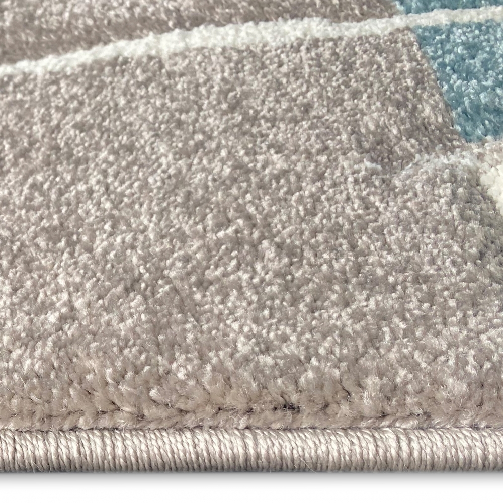 Designer Teppich mit Konturenschnitt Karo Muster Pastellfarben Blau Creme Beige Dunkelgrau