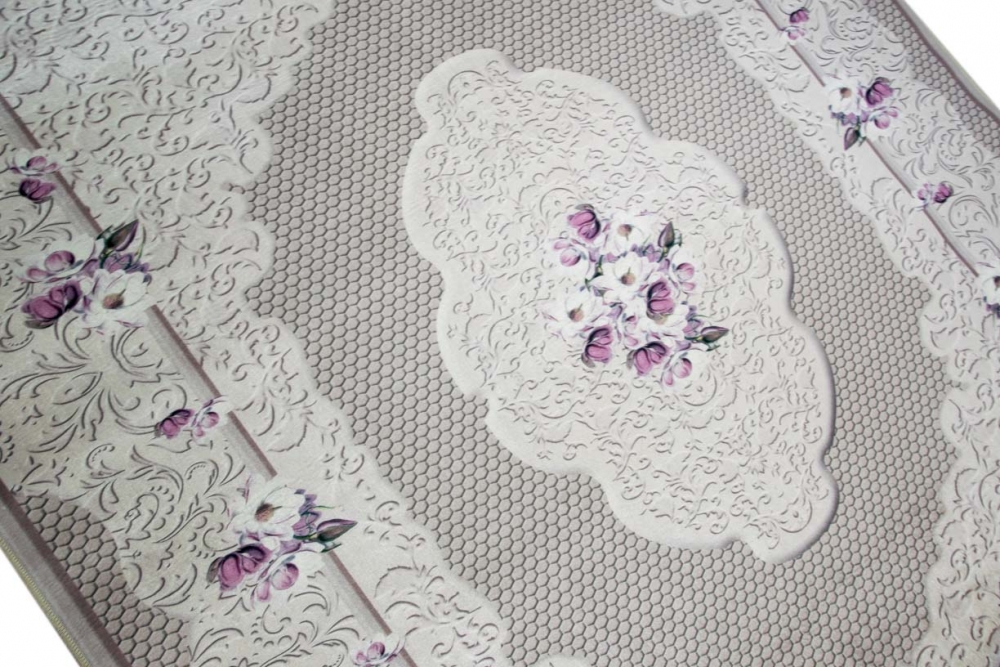 Print Teppich waschbar mit Blumen in Lila Creme Beige