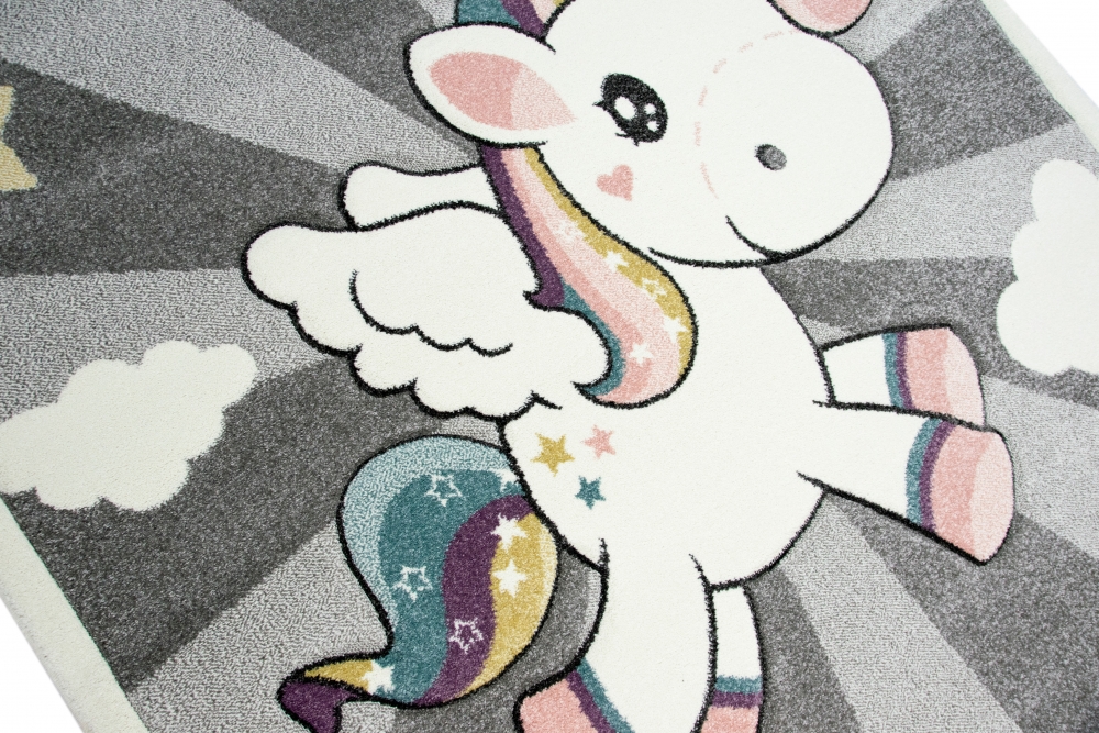 Kinderteppich mit Einhorn Regenbogen in Grau Creme