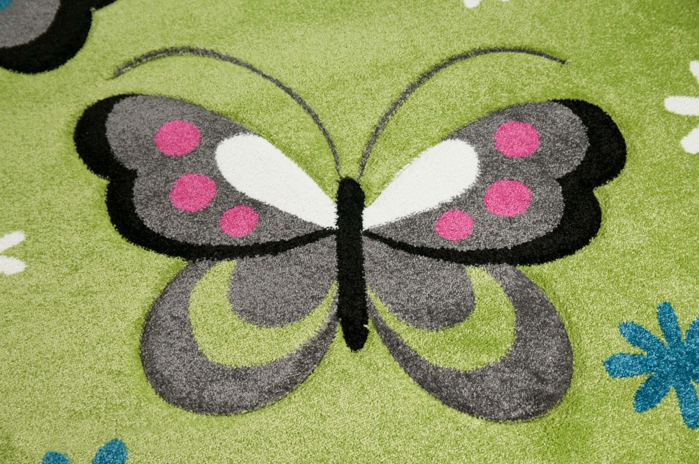 Kinderteppich Schmetterling Design Grün Pink Grau Türkis Weiss