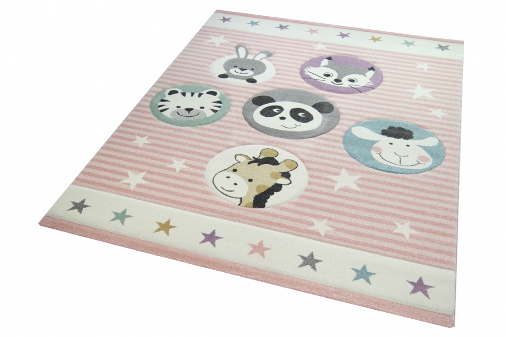 Kinderteppich Zoo Tiere in rosa creme